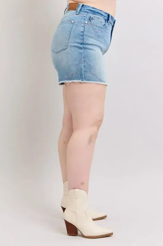 Judy Blue Full Size High Waist Western Embroidery Detail Cut Off Denim Shorts Plus Size - Trendsi - Flyclothing LLC