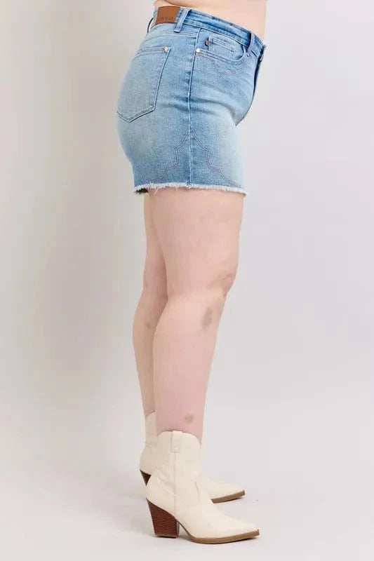 Judy Blue Full Size High Waist Western Embroidery Detail Cut Off Denim Shorts Plus Size - Trendsi - Flyclothing LLC