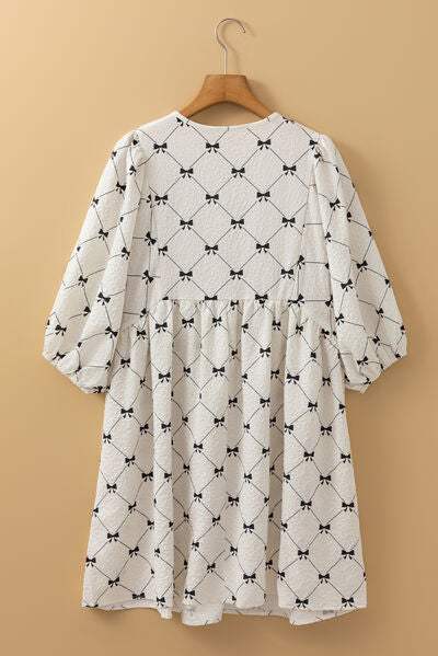 Bow Print Tie Neck Half Sleeve Dress - Trendsi - Flyclothing LLC