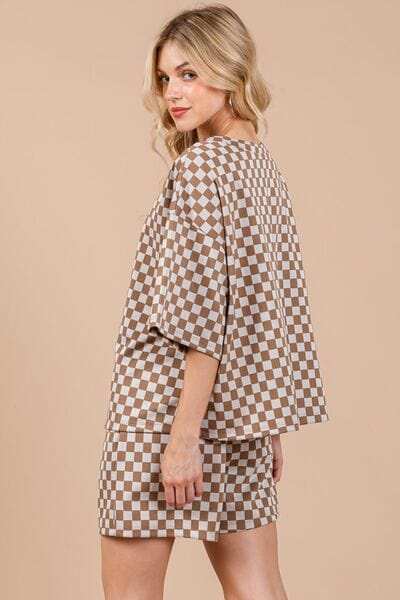 Ces Femme Checkered Round Neck Top and Shorts Set - Trendsi - Flyclothing LLC