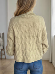 Cable-Knit Turtleneck Long Sleeve Sweater - Trendsi