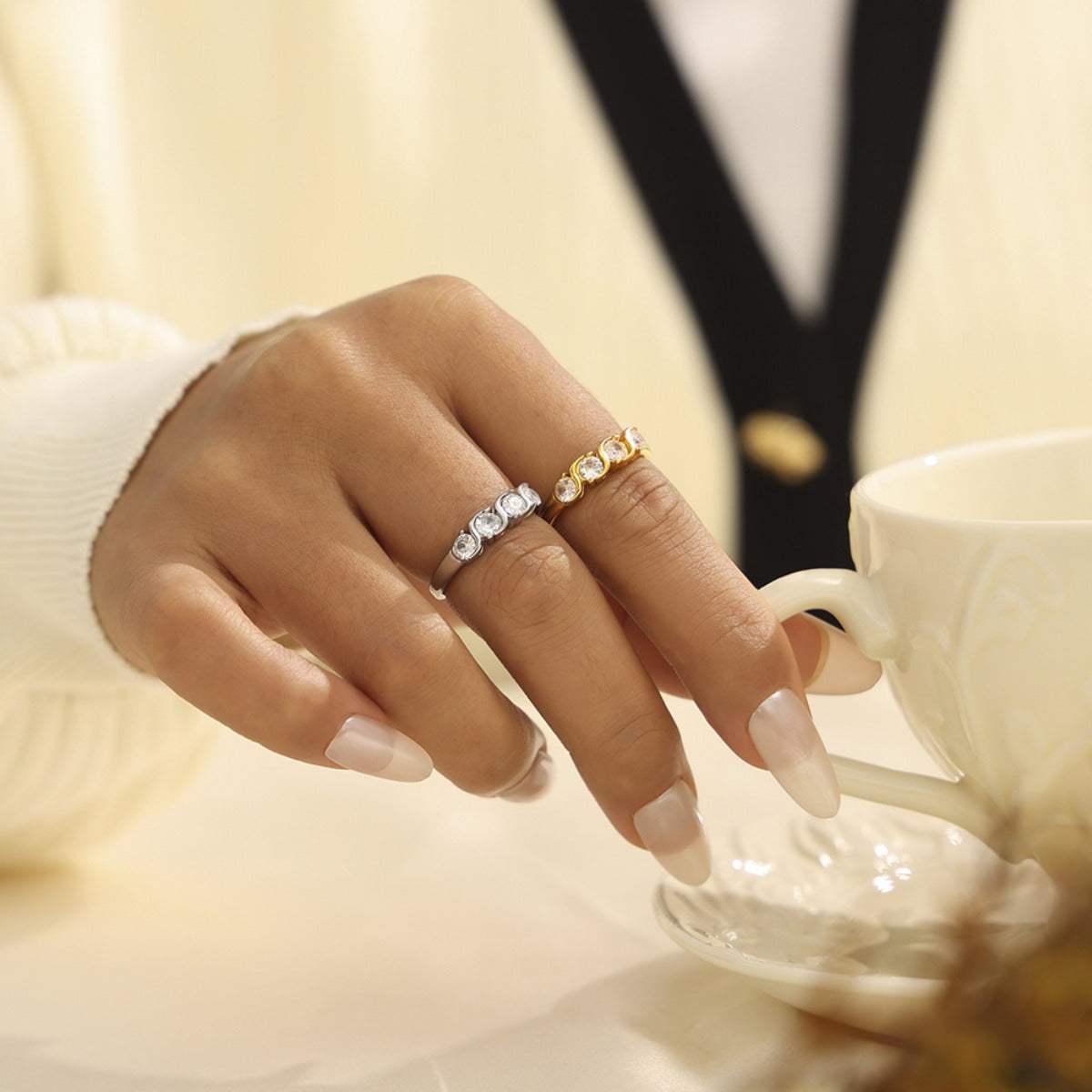 Stainless Steel Inlaid Zircon Ring - Trendsi - Flyclothing LLC