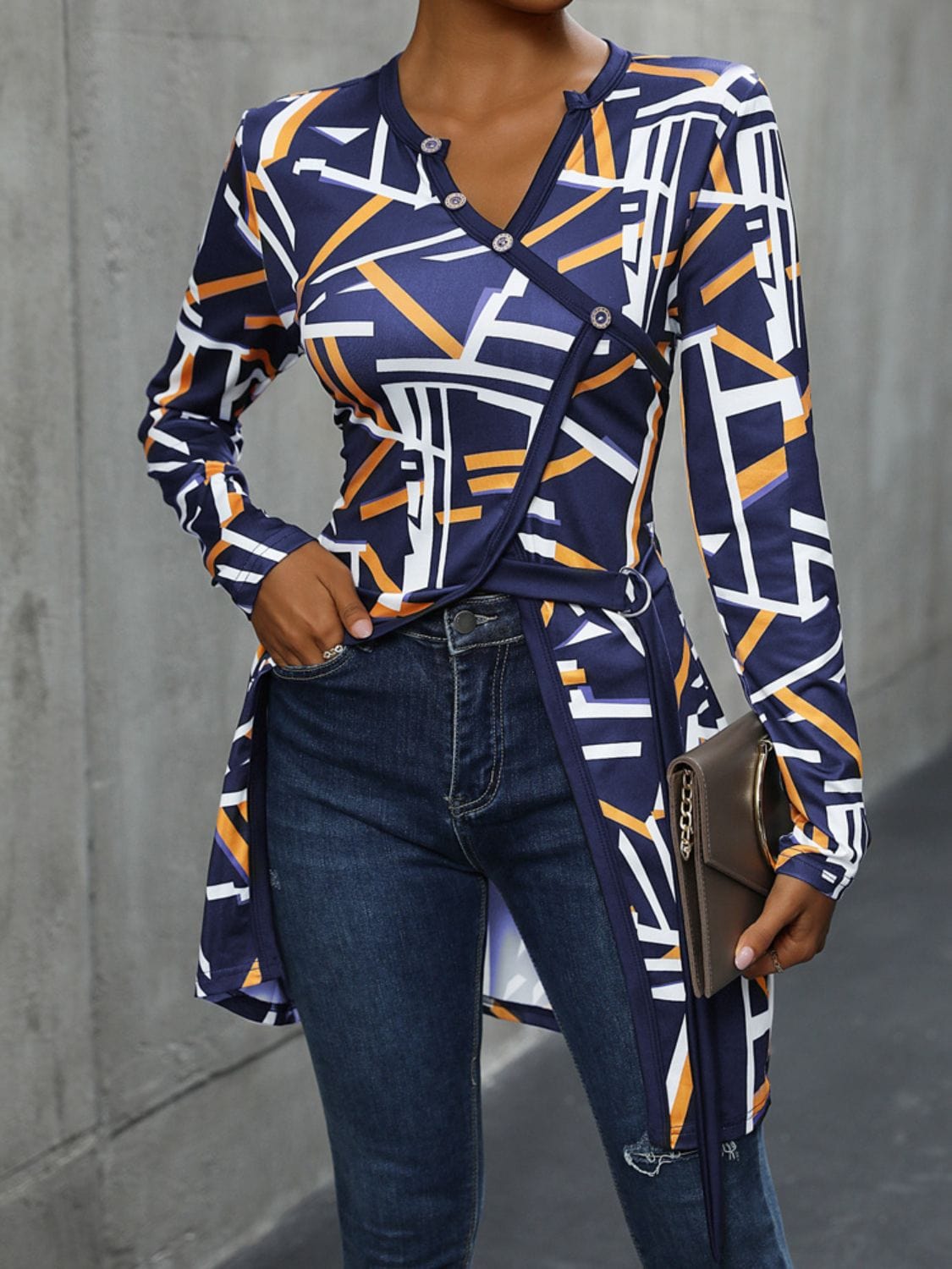 Geometric Surplice Long Sleeve T-Shirt - Trendsi