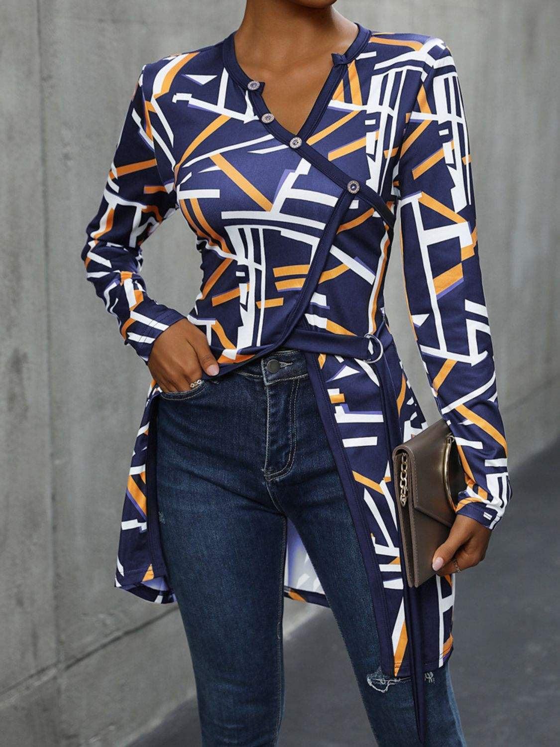 Geometric Surplice Long Sleeve T-Shirt - Trendsi - Flyclothing LLC