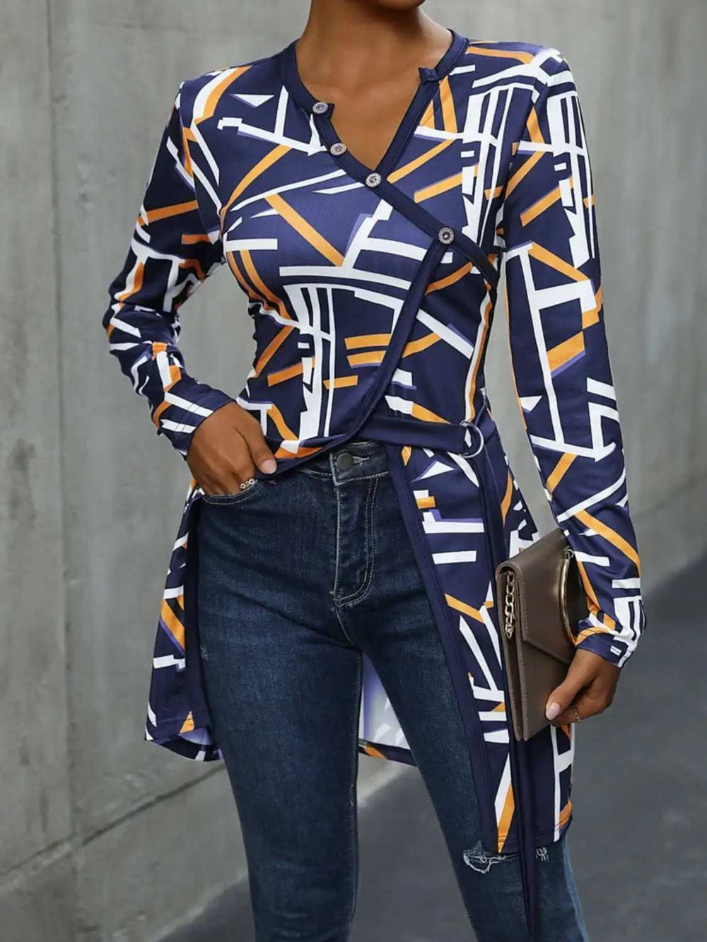 Geometric Surplice Long Sleeve T-Shirt - Trendsi - Flyclothing LLC