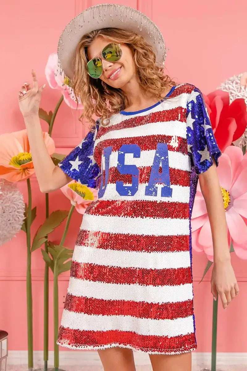 BiBi American Flag Theme Usa Print Sequin Dress - Trendsi - Flyclothing LLC