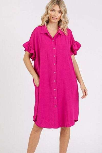 Mittoshop Button Down Flounce Sleeve Dress with Pockets - Trendsi - Flyclothing LLC