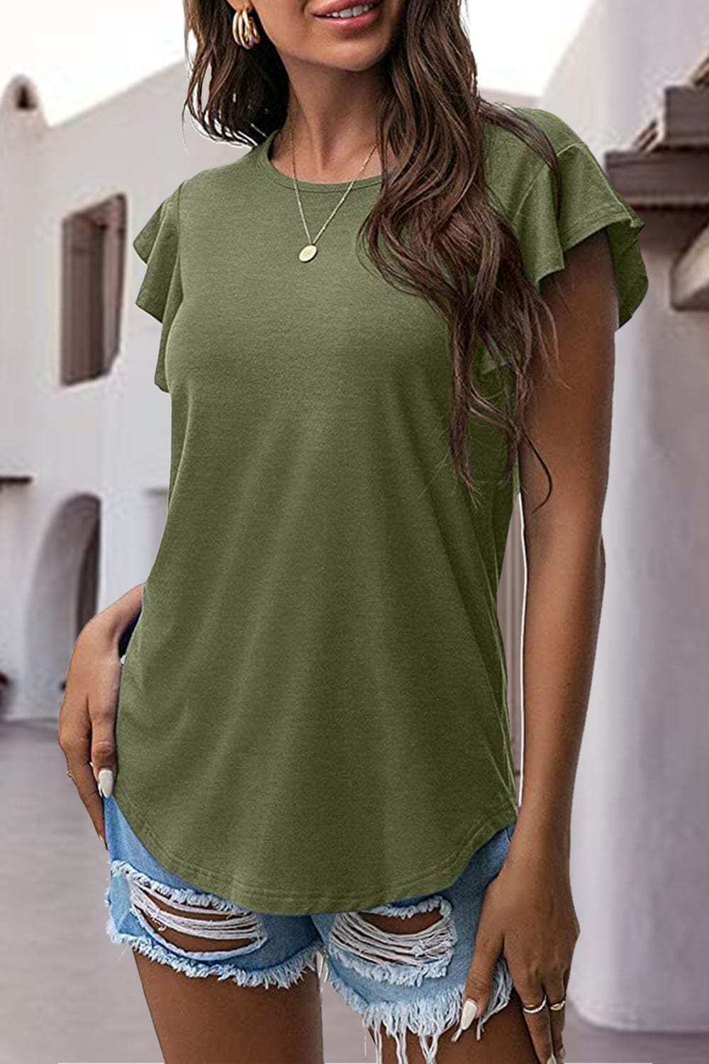 Ruffled Round Neck Cap Sleeve Blouse - Trendsi - Flyclothing LLC
