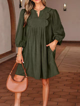Bracelet Sleeve Split Neck Scallop Detail Pleated Corduroy Mini Dress - Trendsi - Flyclothing LLC