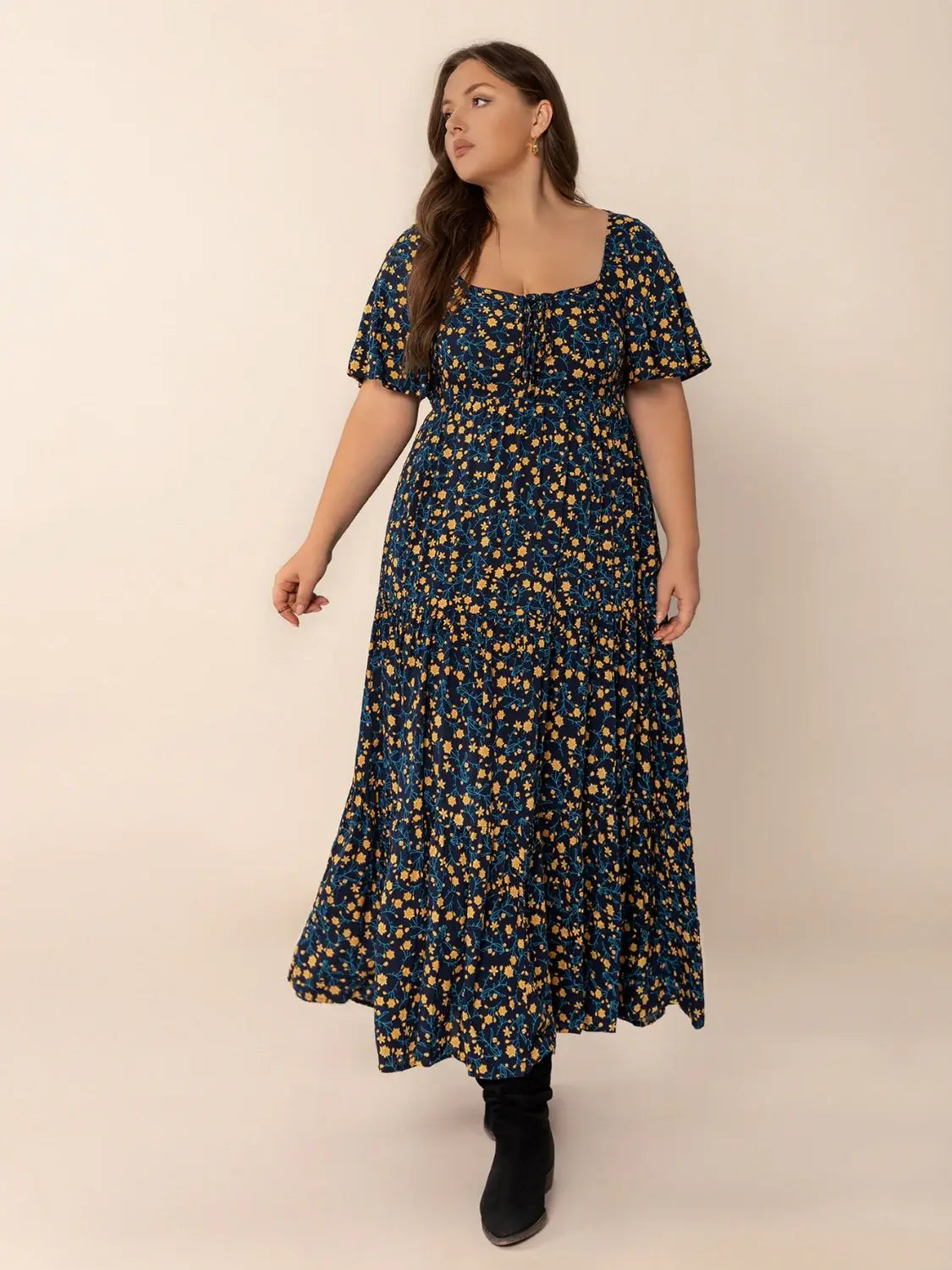 Plus Size Printed Short Sleeve Slit Tiered Maxi Dress - Trendsi - Flyclothing LLC