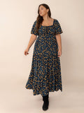 Plus Size Printed Short Sleeve Slit Tiered Maxi Dress - Trendsi