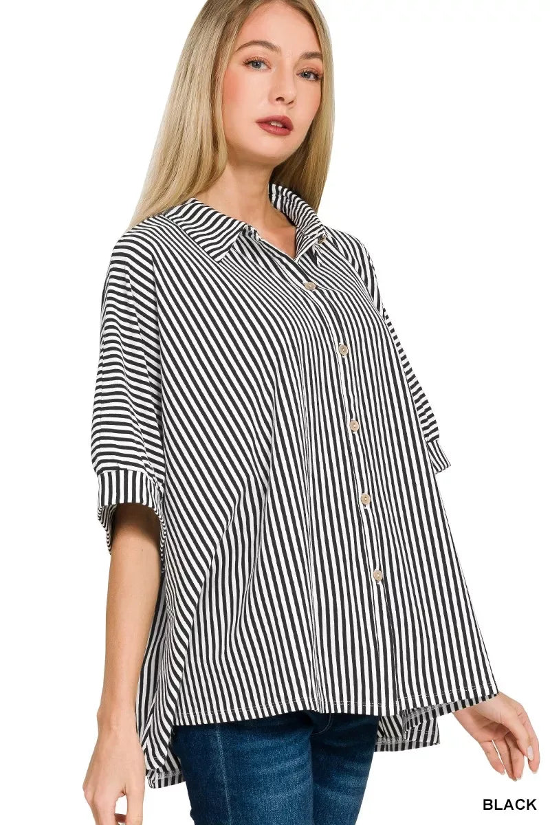 Zenana Oversized Stripe Button Down Shirt - Trendsi - Flyclothing LLC