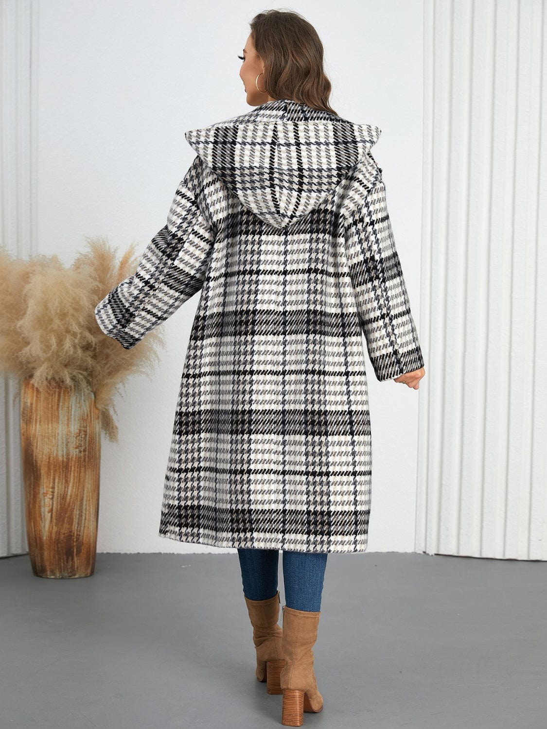 Plaid Double-Breasted Long Sleeve Longline Coat - Trendsi