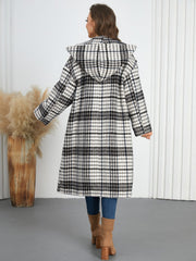 Plaid Double-Breasted Long Sleeve Longline Coat - Trendsi