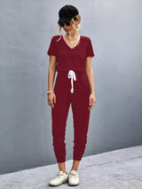 Casual V-Neck Short Sleeve Drawstring Waist Jumpsuit - Trendsi - Flyclothing LLC