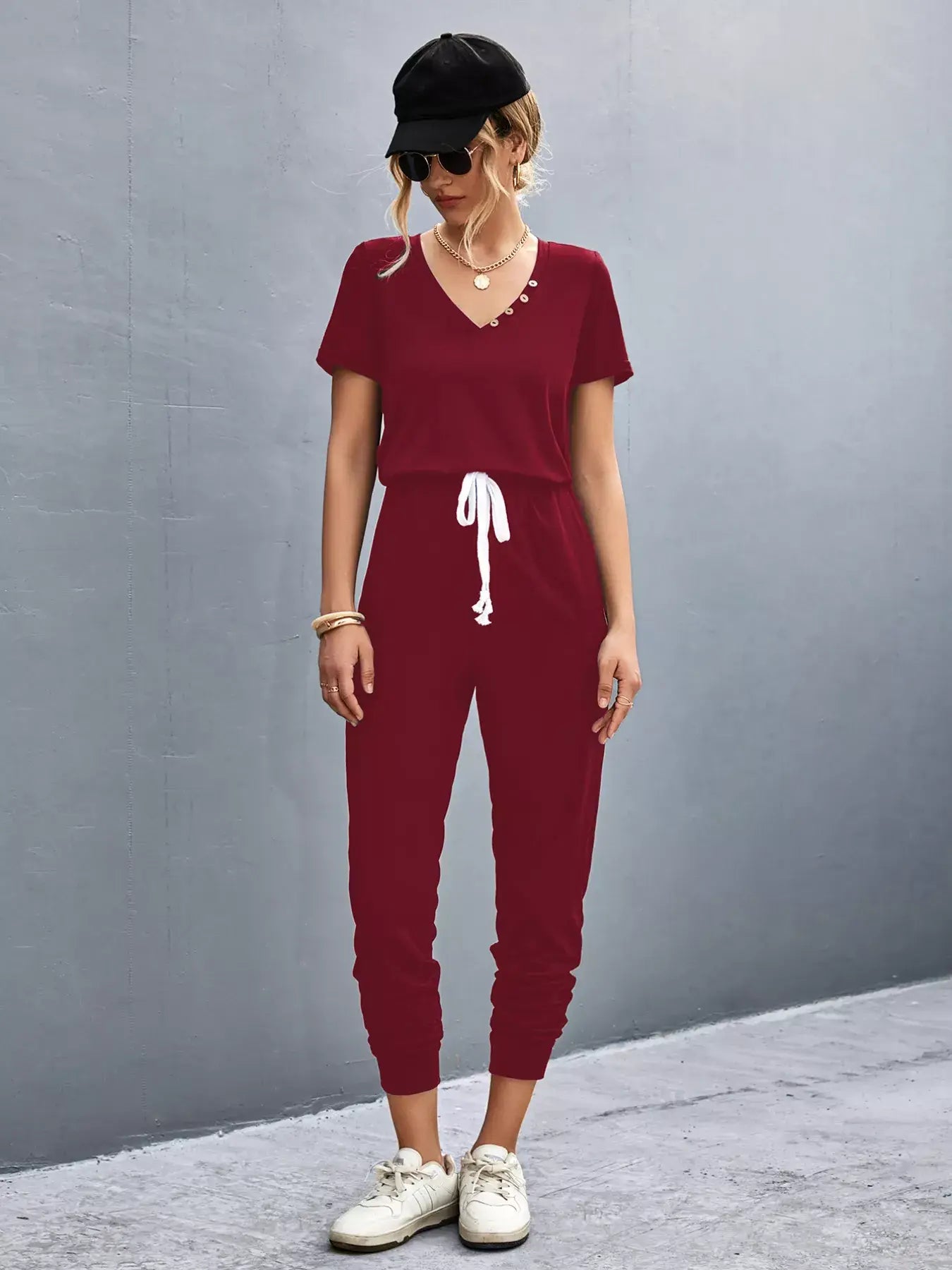 Casual V-Neck Short Sleeve Drawstring Waist Jumpsuit - Trendsi - Flyclothing LLC