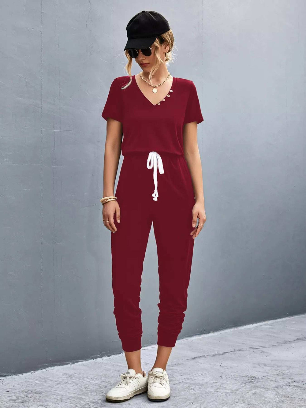 Casual V-Neck Short Sleeve Drawstring Waist Jumpsuit - Trendsi - Flyclothing LLC