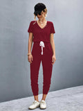 Casual V-Neck Short Sleeve Drawstring Waist Jumpsuit - Trendsi - Flyclothing LLC
