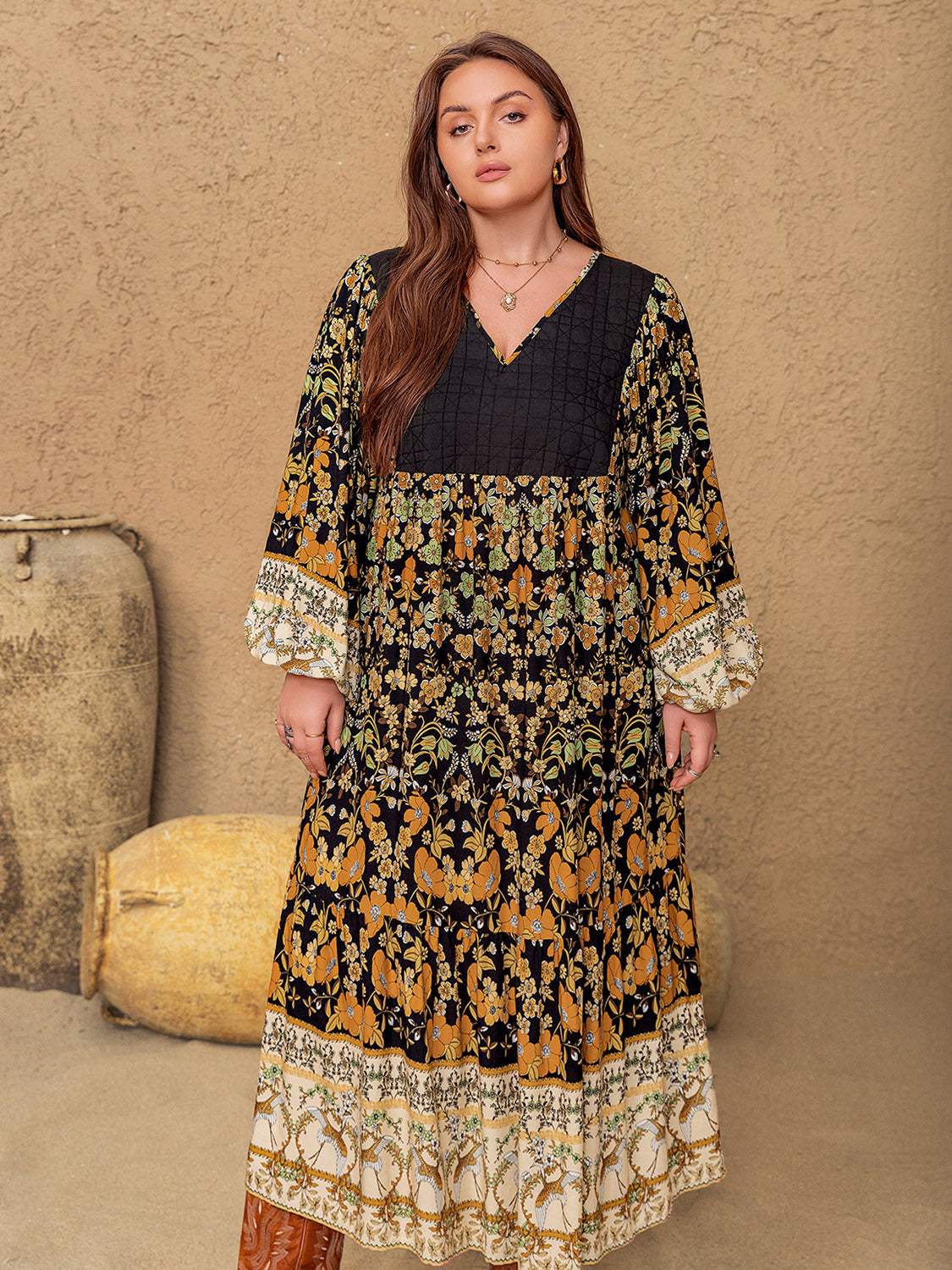 Plus Size Floral V-Neck Balloon Sleeve Midi Dress - Trendsi - Flyclothing LLC