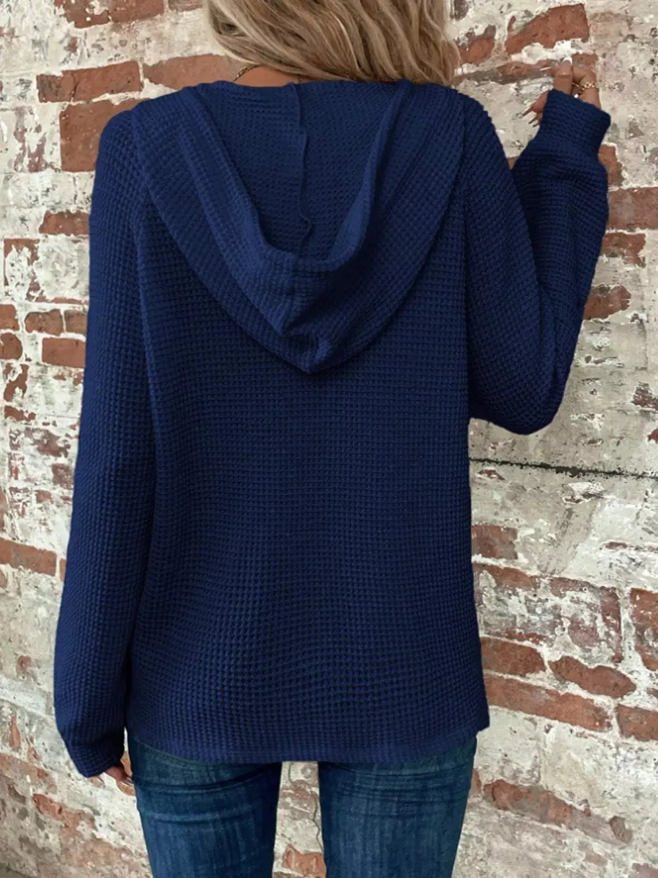 Waffle Knit Button Detail Hoodie - Trendsi - Flyclothing LLC
