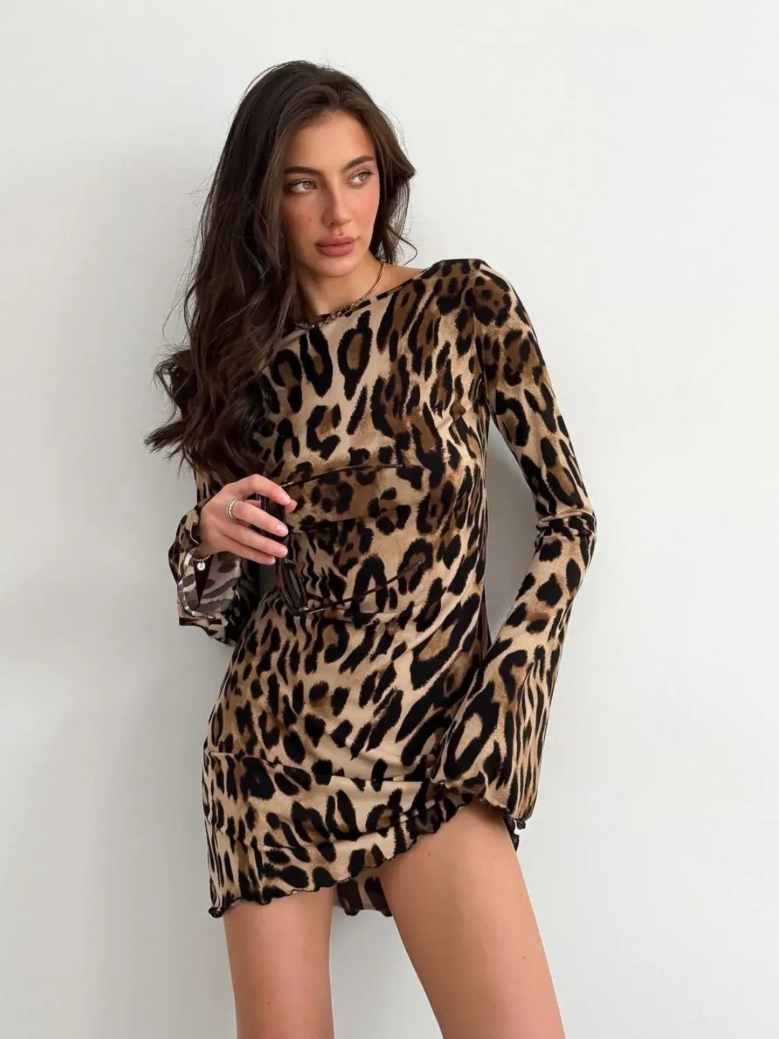 Leopard Backless Long Sleeve Mini Dress - Trendsi - Flyclothing LLC