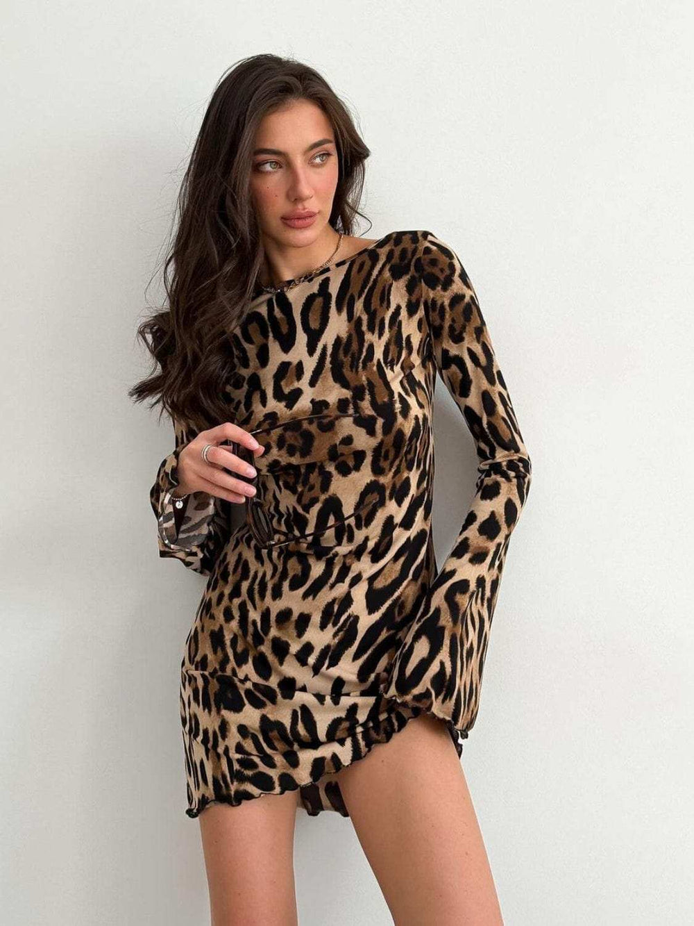 Leopard Backless Long Sleeve Mini Dress - Trendsi - Flyclothing LLC