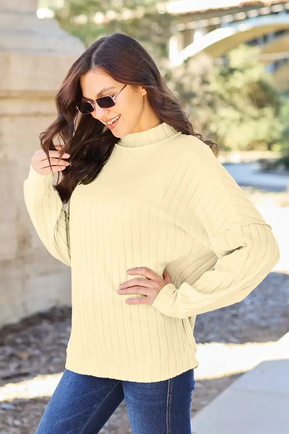 Basic Bae Full Size Ribbed Exposed Seam Mock Neck Knit Top - ShopBasicbae - Flyclothing LLC