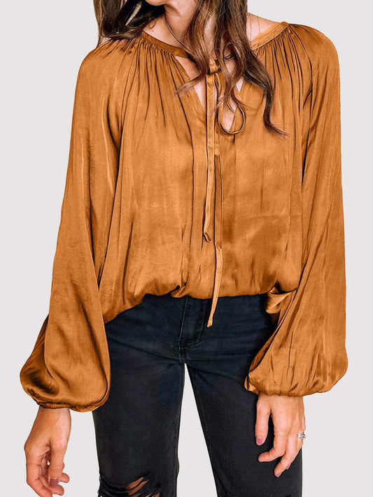 Tie Neck Balloon Sleeve Blouse - Trendsi - Flyclothing LLC