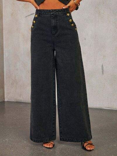 Button Decor High Rise Wide Leg Jeans - Trendsi - Flyclothing LLC