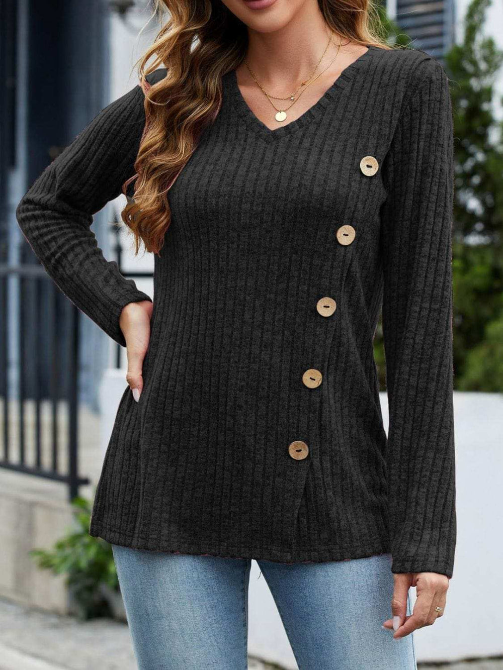 V-Neck Long Sleeve T-Shirt - Trendsi - Flyclothing LLC