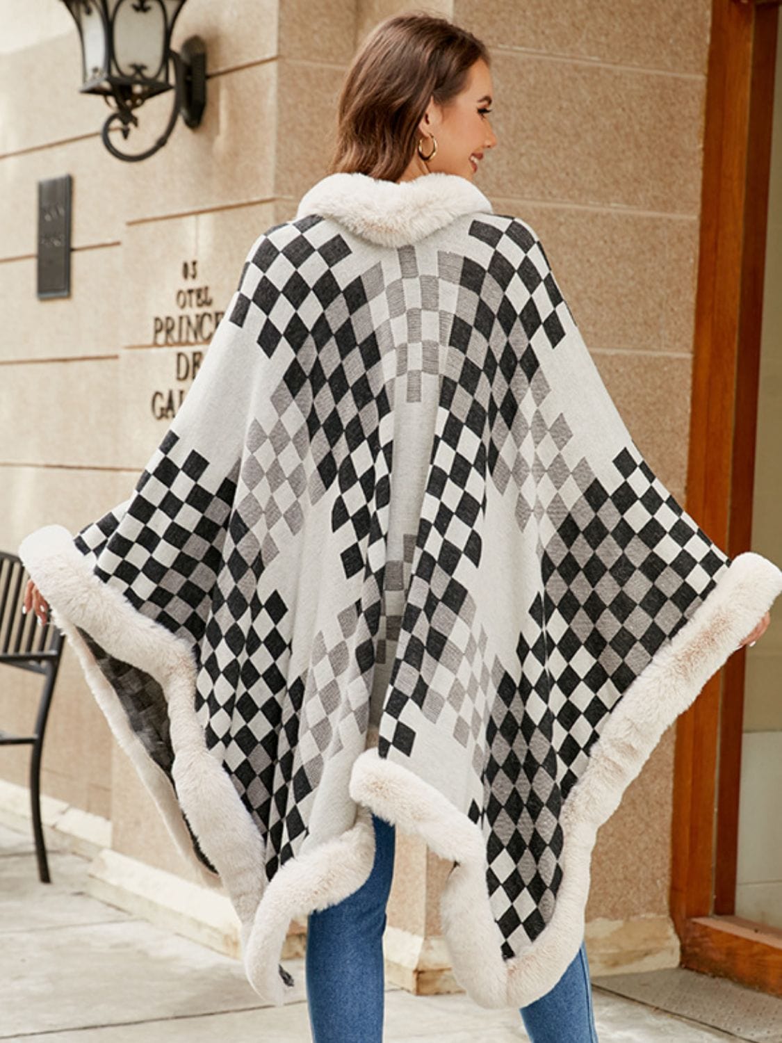 Fuzzy Checkered Long Sleeve Poncho - Trendsi