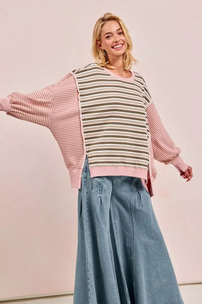 BiBi Stripe Mixed Top With Cut Edge And Reverse Outseam - Trendsi - Flyclothing LLC