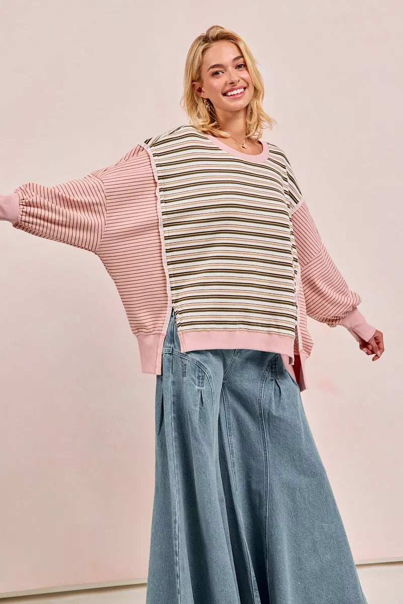 BiBi Stripe Mixed Top With Cut Edge And Reverse Outseam - Trendsi - Flyclothing LLC