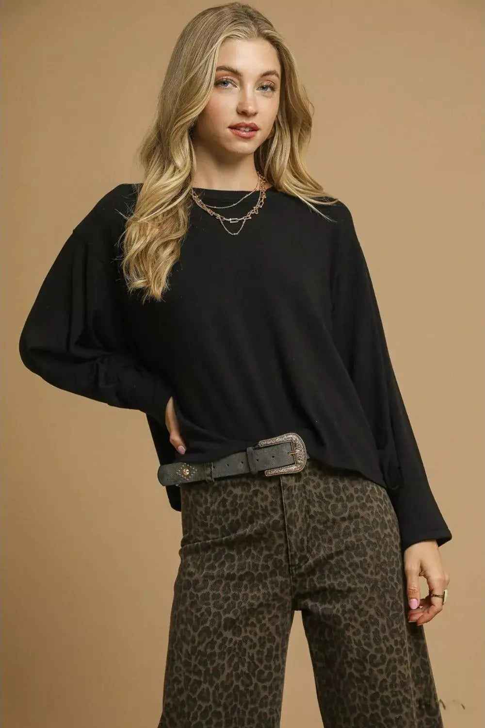 Umgee Brushed Fleeve Crewneck Top - Trendsi - Flyclothing LLC