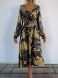 Perfee Printed Surplice Long Sleeve Midi Dress - Trendsi