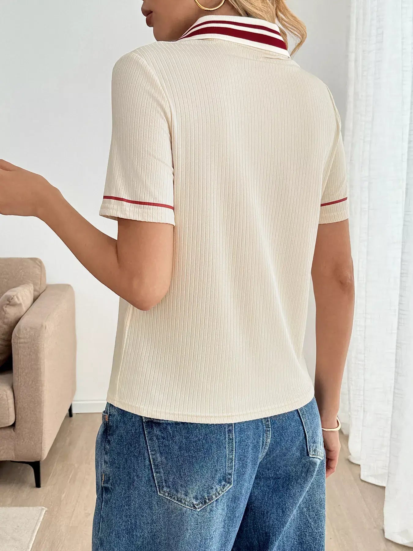 Striped Trim Short Sleeve Top - Trendsi - Flyclothing LLC