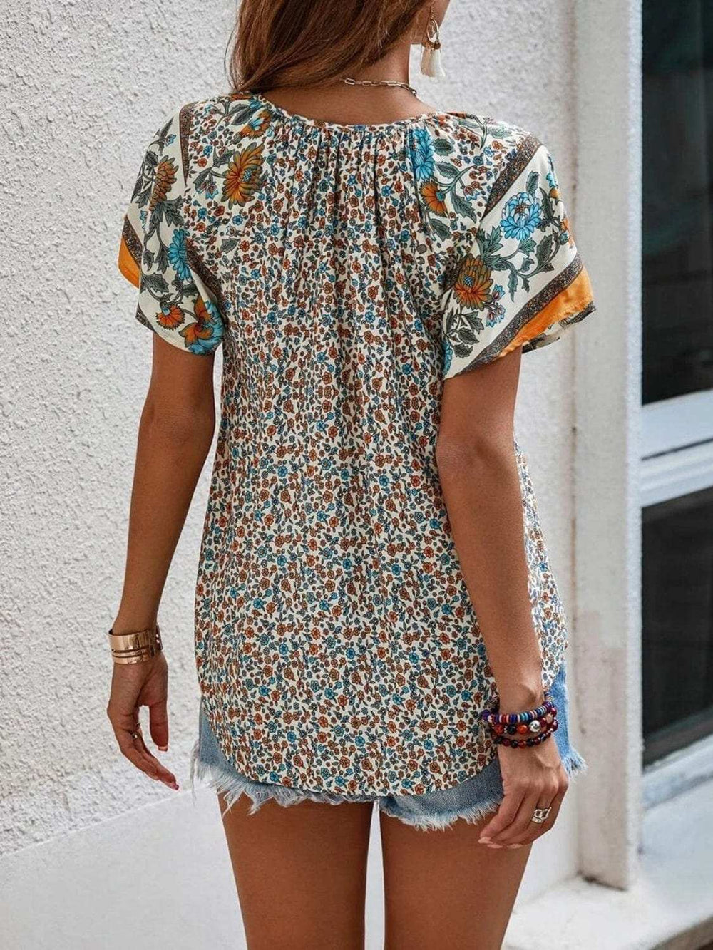 Printed Tie Neck Short Sleeve Blouse - Trendsi - Flyclothing LLC