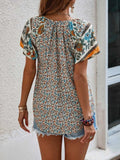 Printed Tie Neck Short Sleeve Blouse - Trendsi - Flyclothing LLC
