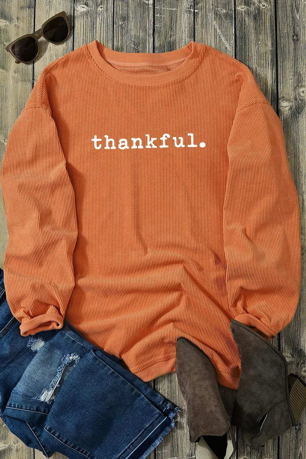 THANKFUL Round Neck Long Sleeve Sweatshirt - Trendsi - Flyclothing LLC
