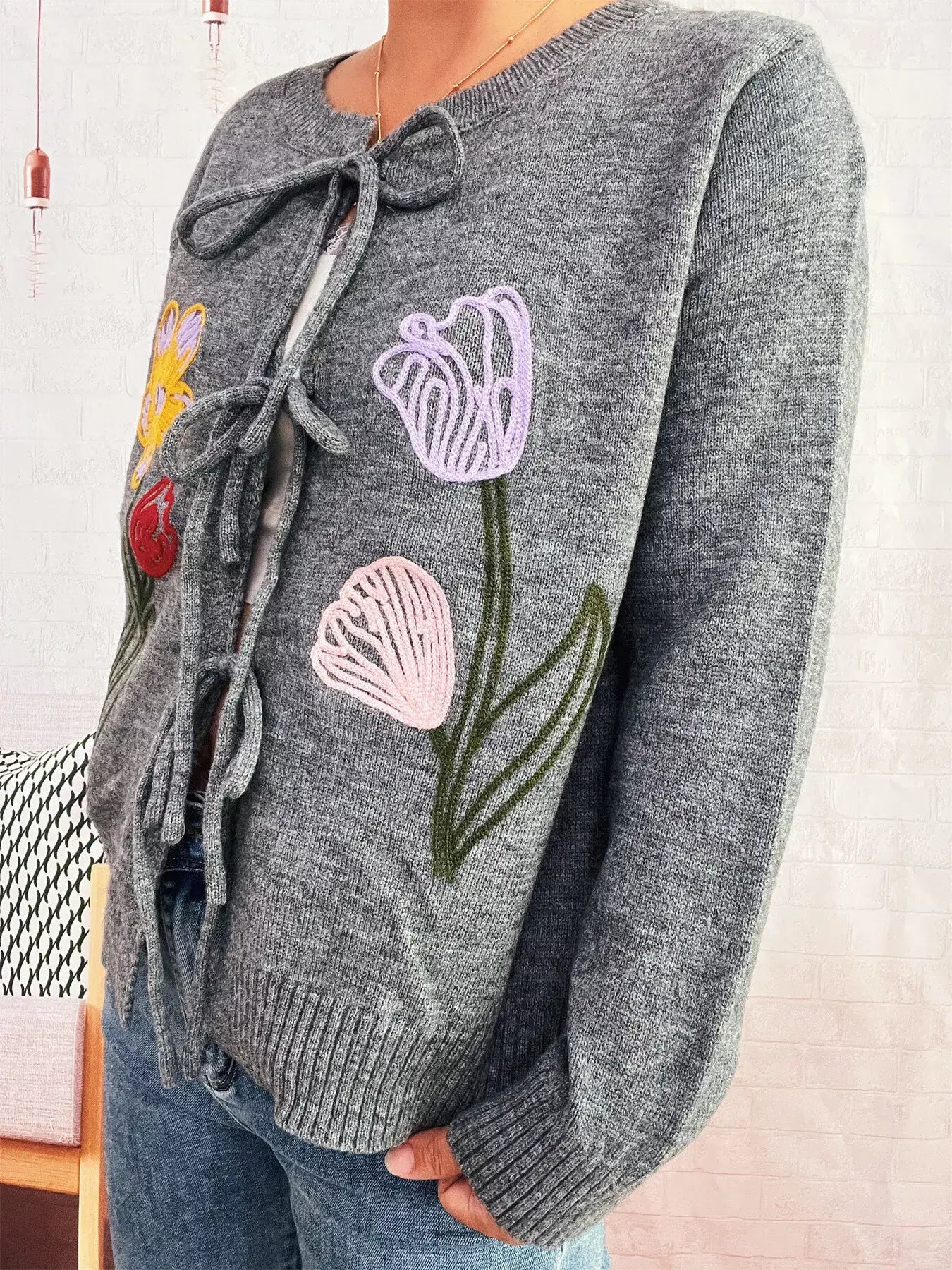 Floral Ribbed Hem Tie Front Cardigan - Trendsi - Flyclothing LLC