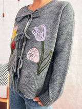 Floral Ribbed Hem Tie Front Cardigan - Trendsi - Flyclothing LLC