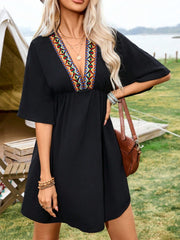 Embroidered Plunge Half Sleeve Mini Dress - Trendsi