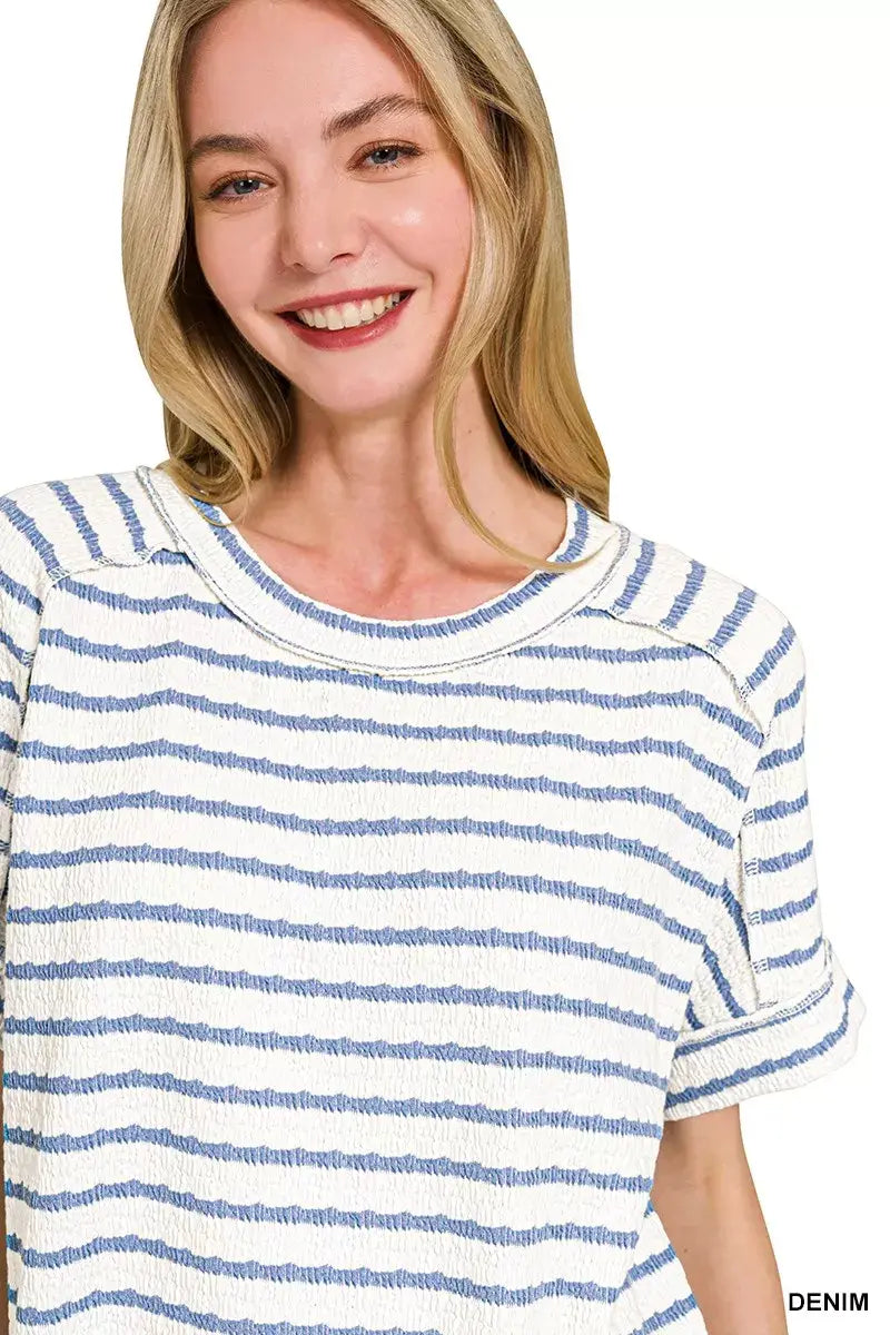 Zenana Stripe Jacquard Round-Meck Tee - Trendsi - Flyclothing LLC