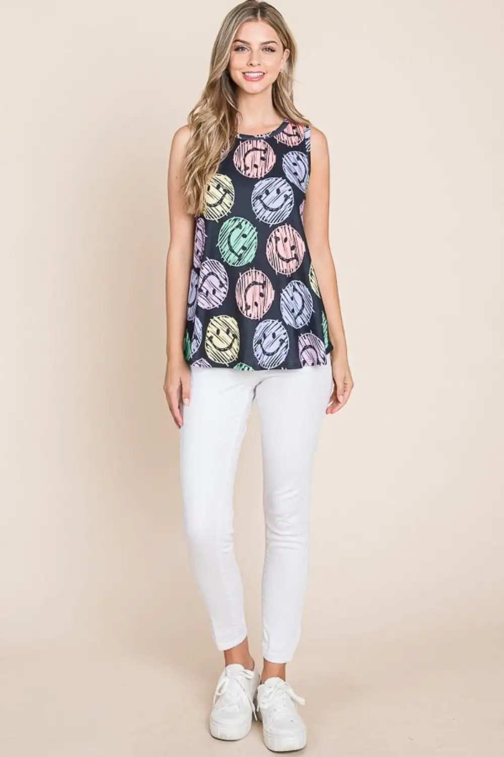 BOMBOM Round Neck Smiley Face Tank - Trendsi - Flyclothing LLC