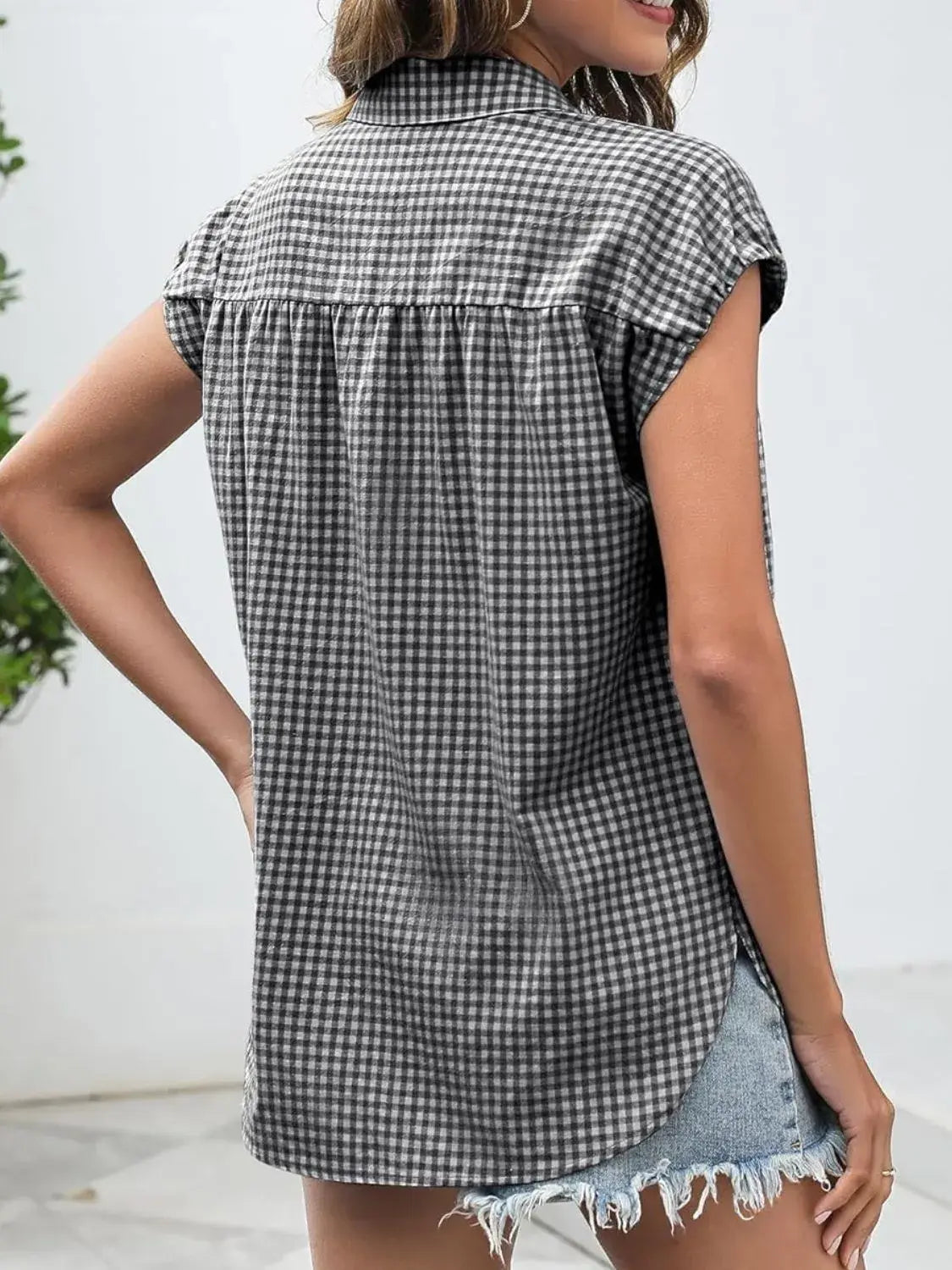 Plaid Button Up Cap Sleeve Shirt - Trendsi - Flyclothing LLC