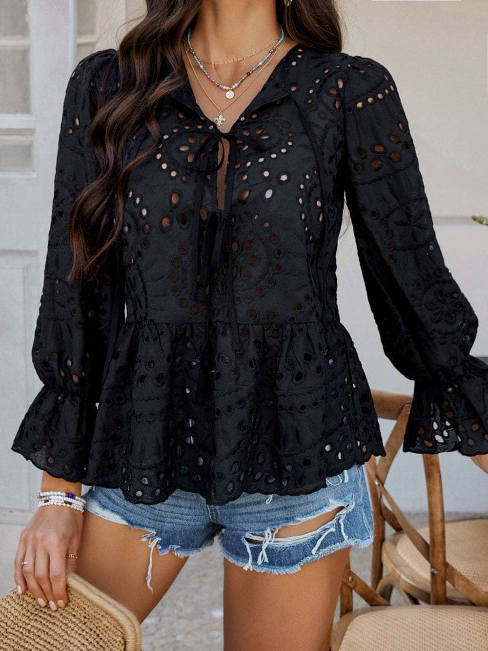 Devine Tie Front Flounce Sleeve Peplum Blouse - Trendsi - Flyclothing LLC