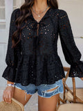 Devine Tie Front Flounce Sleeve Peplum Blouse - Trendsi - Flyclothing LLC