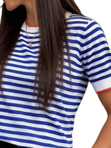 Contrast Trim Striped Short Sleeve Knit Top - Trendsi - Flyclothing LLC