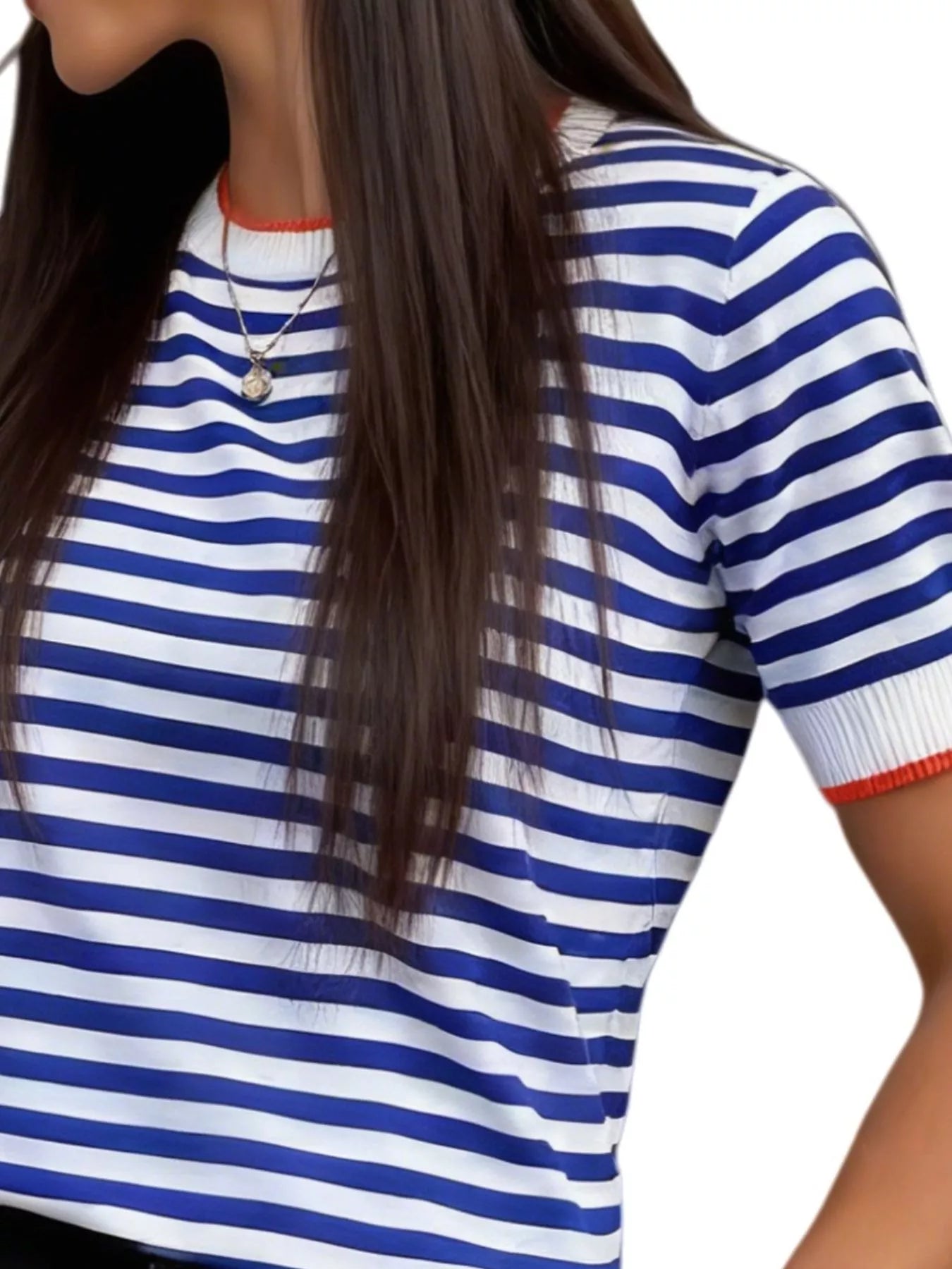 Contrast Trim Striped Short Sleeve Knit Top - Trendsi - Flyclothing LLC