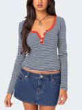 Buttoned Striped Long Sleeve T-Shirt - Trendsi - Flyclothing LLC